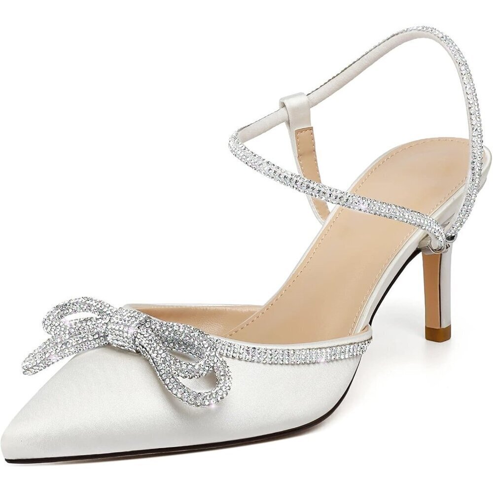 Women's White Closed Toe Rhinestone Wedding Low Slingback Clear Kitten Heels